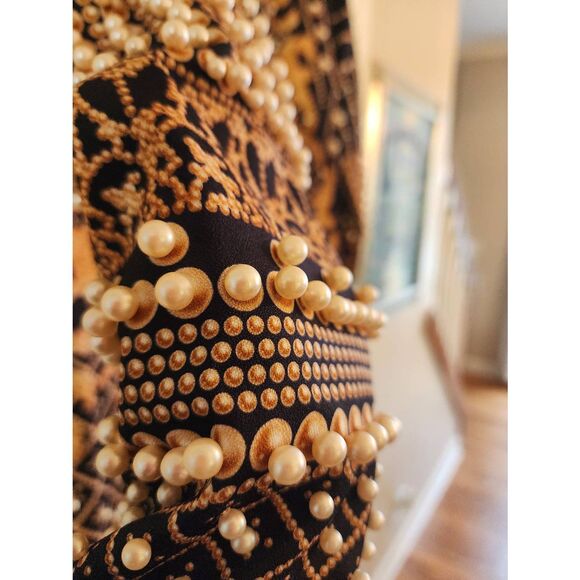 Women's fashion mock neck printed faux pearl beaded long sleeve size Large black - Picture 7 of 12